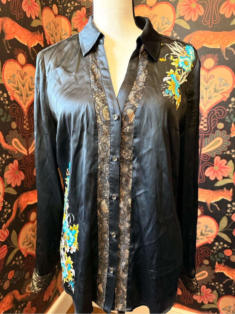 Vintage Cache Black Silk Lace Floral Blouse Size L 90s